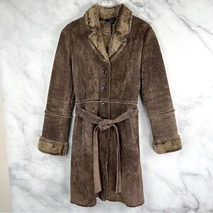Express Vintage Y2K Suede Leather Faux Fur Belted Button Up Trench Coat Brown L
